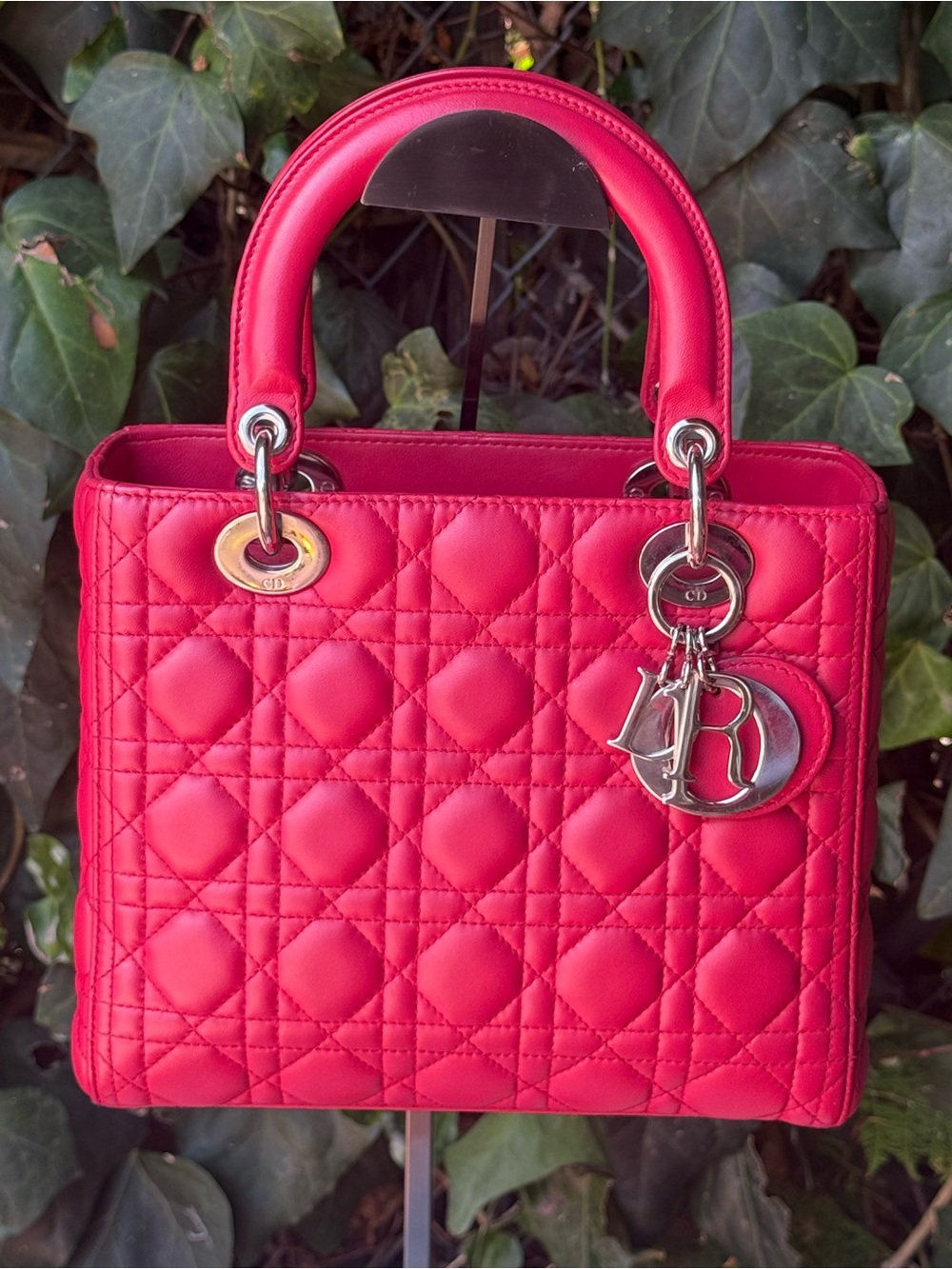 Dior Magenta Quilted Lady Satchel with Silver Hardware